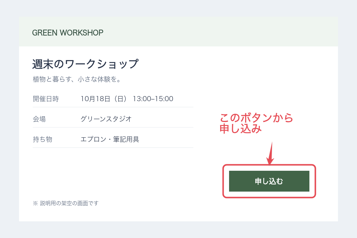 申込画面のボタンを矢印と枠で示し、「このボタンから申し込み」と添えたMarkletの完成例